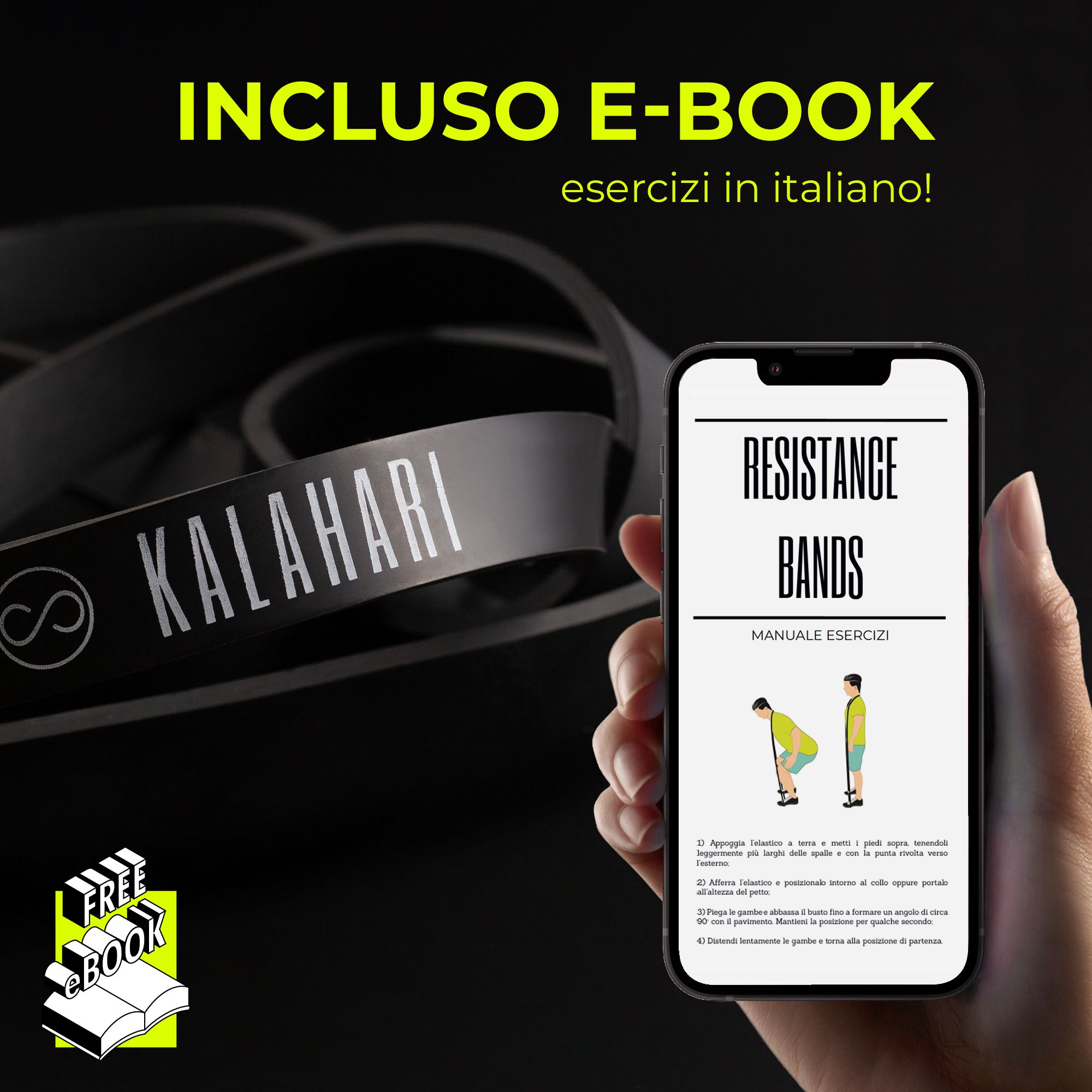 Donna si allunga con fascia elastica nera. Logo "KALAHARI" e quattro icone: "Puro Lattice", "Non Si Deforma", "Testato", "Duraturo".