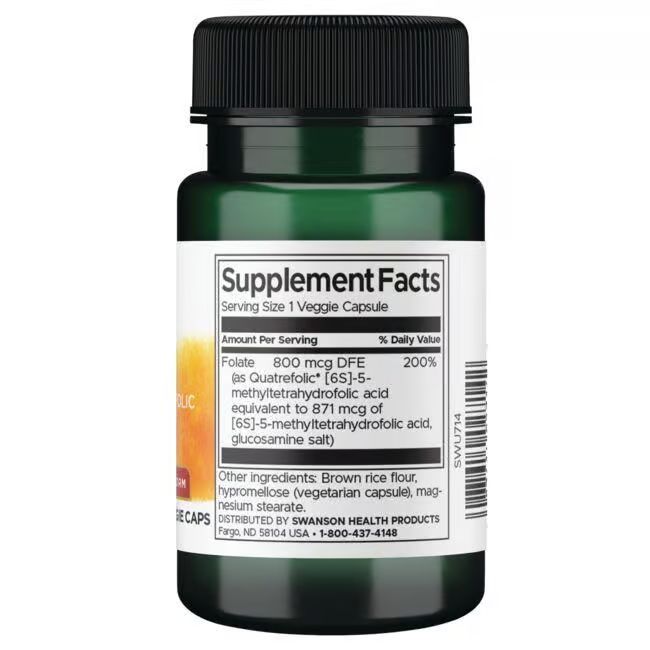 Retro del flacone verde. Etichetta con "Supplement Facts" e informazioni nutrizionali. Testo: "SWANSON HEALTH PRODUCTS".