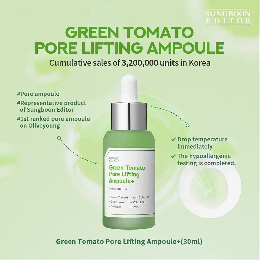 Flacone di siero verde con testo: Green Tomato Pore Lifting Ampoule+. Vendite in Corea.