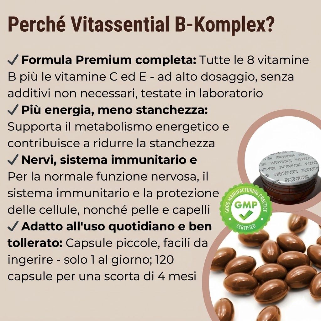 Infografica testuale. Perché Vitassential B-Komplex? Formula completa, più energia, nervi, sistema immunitario & bellezza, ben tollerato.