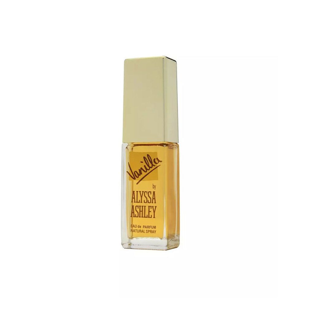 Alyssa Ashley Vanilla Eau de Parfum Natural Spray. Flacone quadrato con tappo dorato. Scritta: Vanilla by Alyssa Ashley. 50 ml.