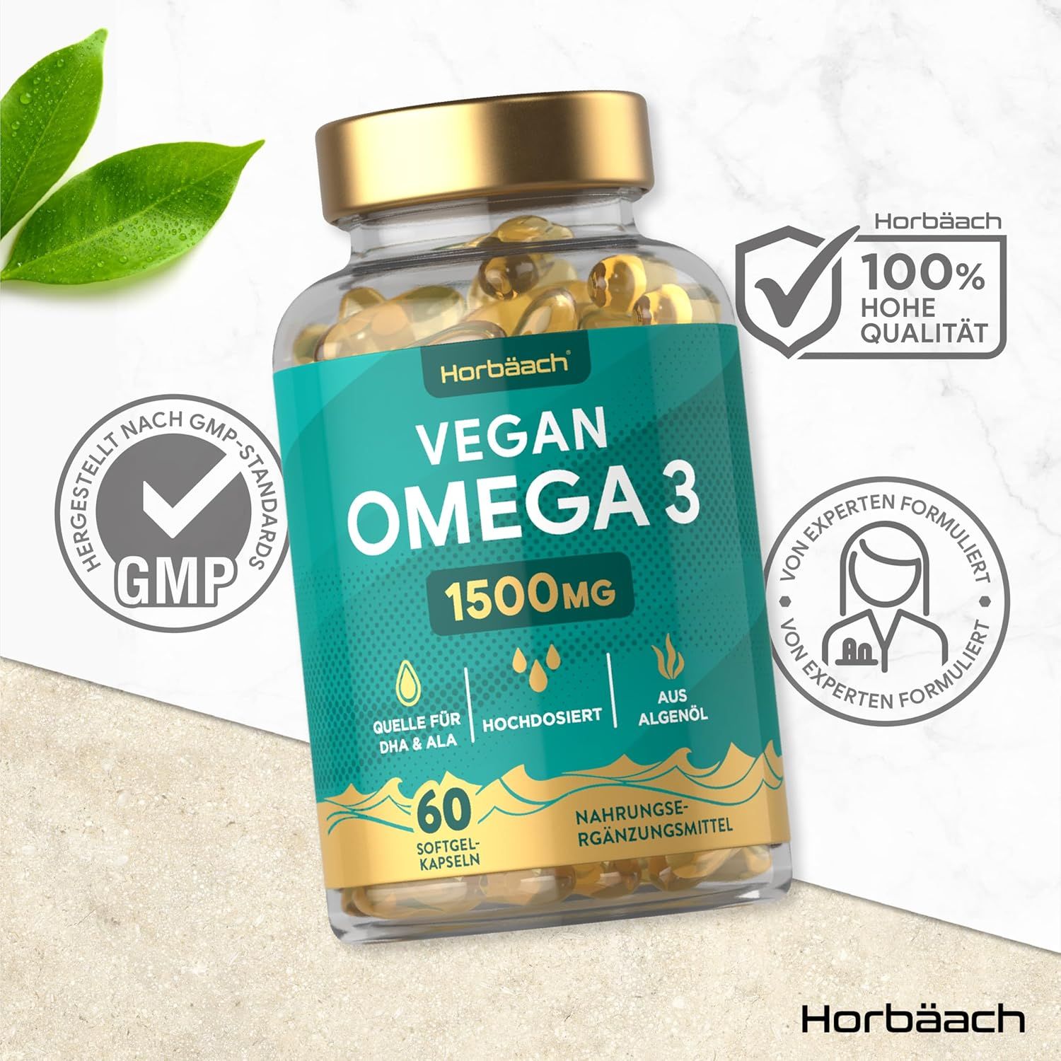 Flacone trasparente di capsule Horbaach Vegan Omega 3. 60 capsule. Certificazione GMP. Alta qualità. Formulato da esperti.