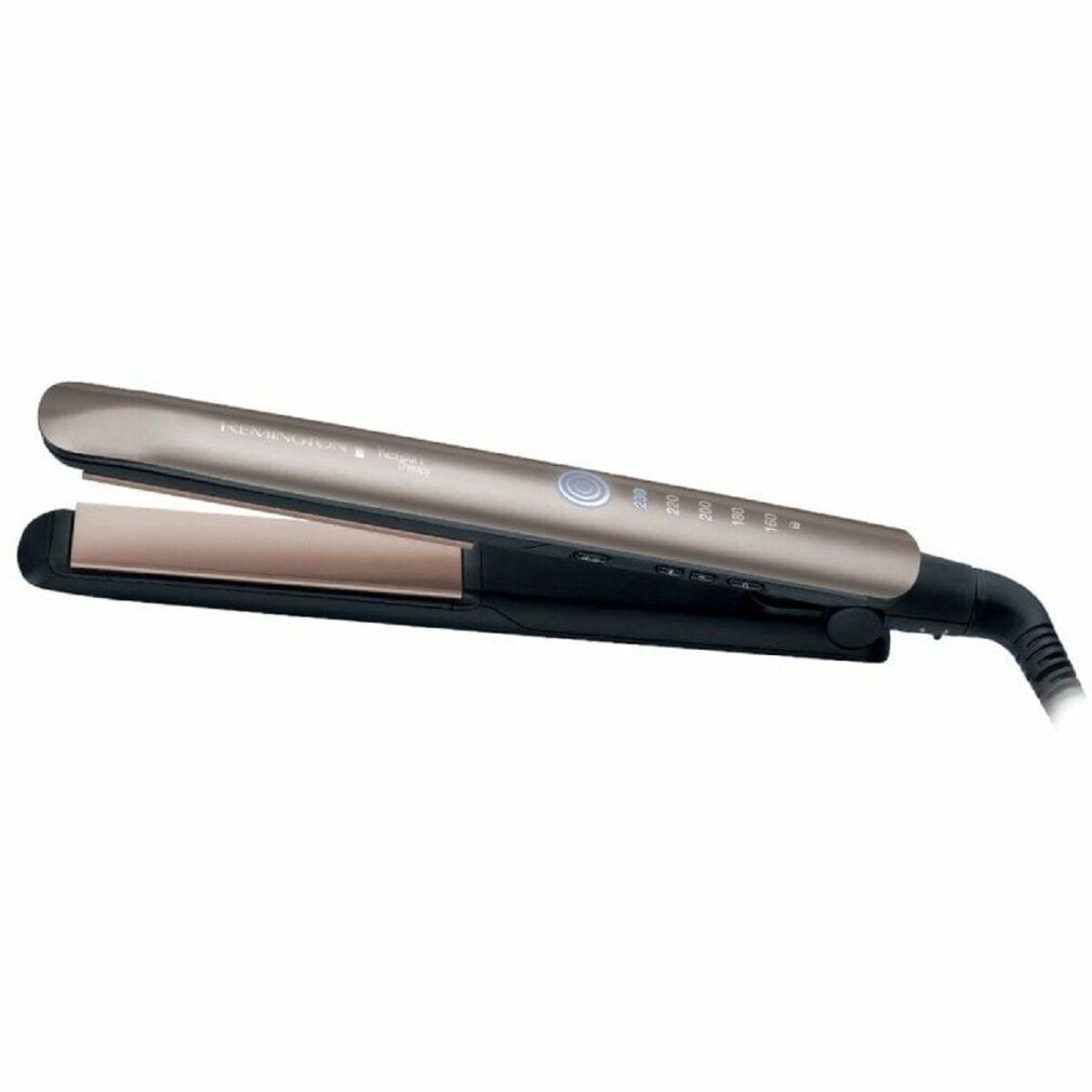 Piastra per capelli con manico nero e piastre dorate. Con display della temperatura.