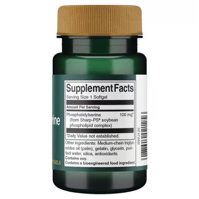 Retro del flacone verde. Etichetta con informazioni nutrizionali. Contiene fosfatidilserina 100 mg. Altri ingredienti elencati.