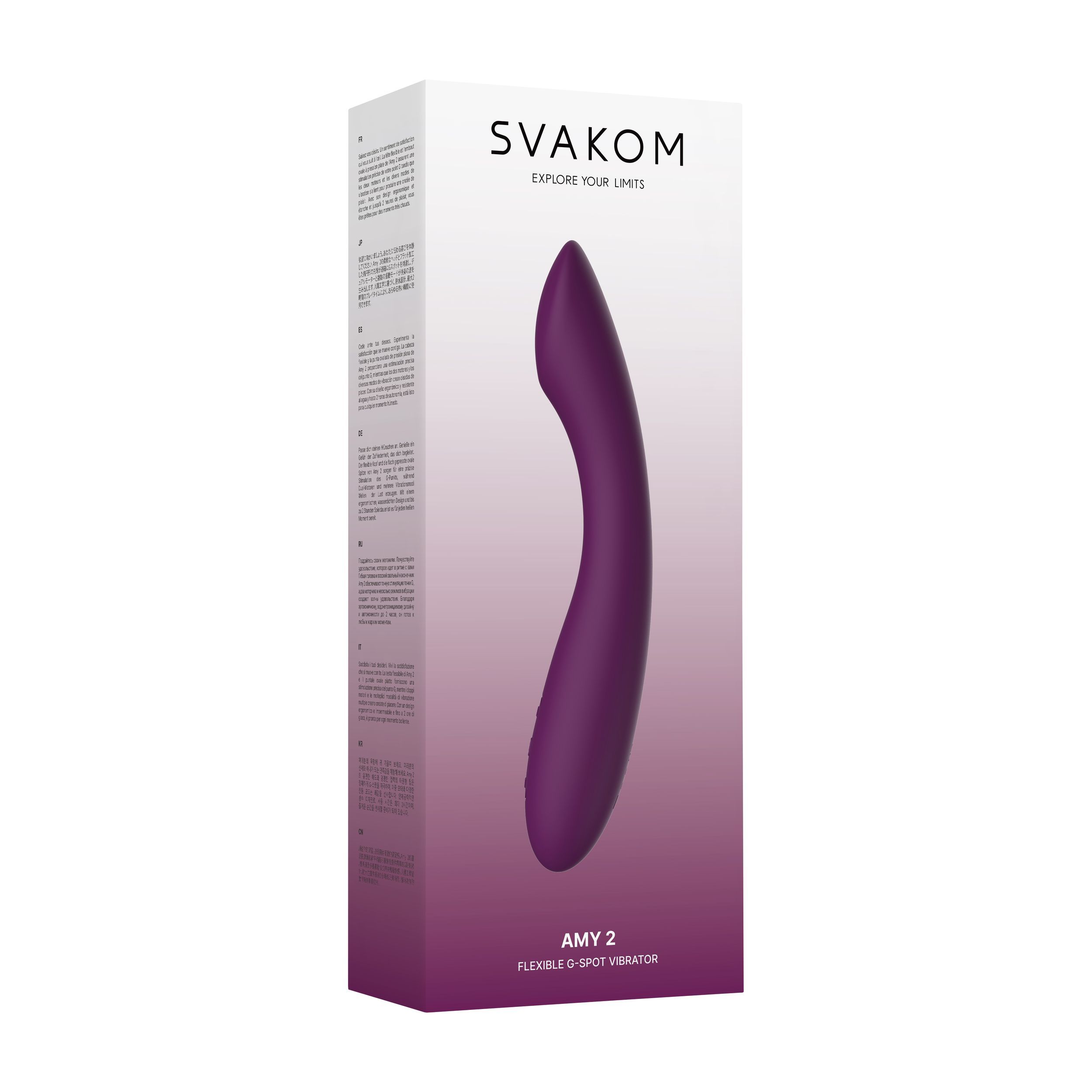 Confezione prodotto con vibratore. Marchio SVAKOM, modello Amy 2. Vibratore G-spot flessibile.