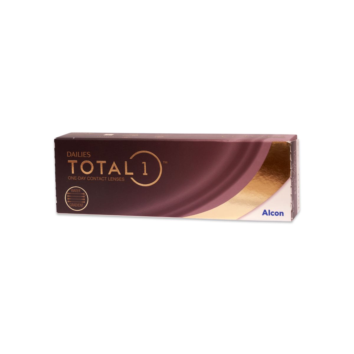 Confezione di lenti a contatto Dailies Total 1. Scatola marrone scuro con scritta dorata e logo Alcon.