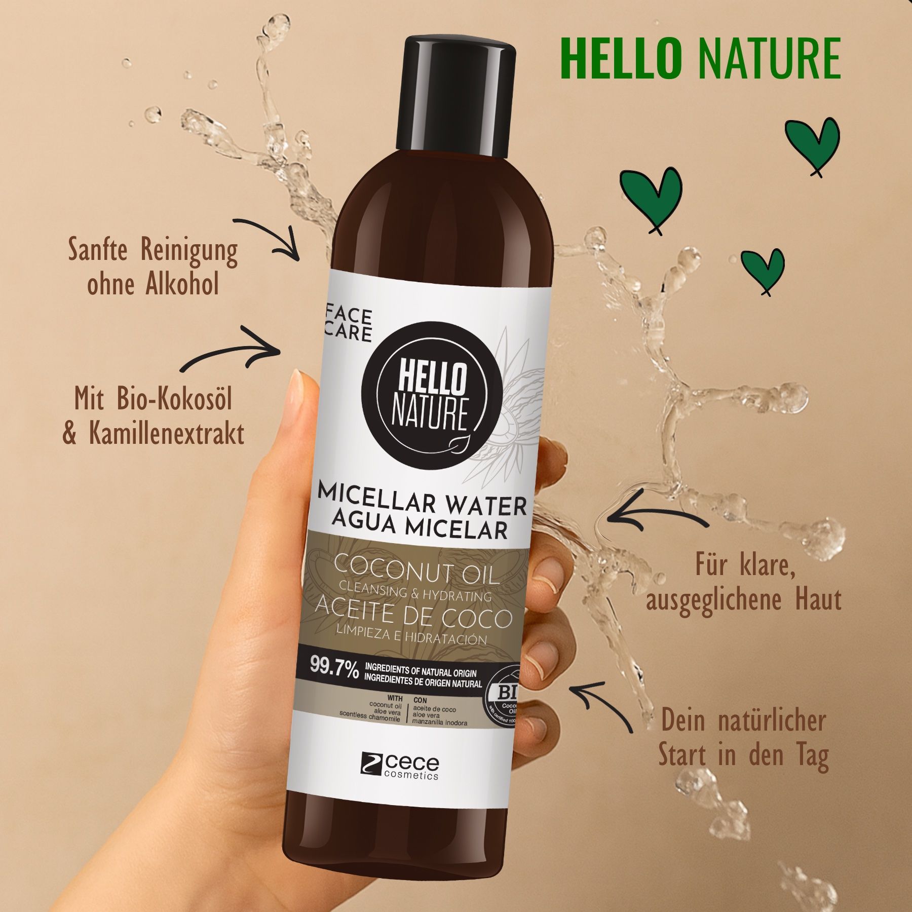 Flacone di acqua micellare. Testo: Agua Micelar, Aceite de Coco. Logo: Hello Nature. Mano che tiene il flacone.