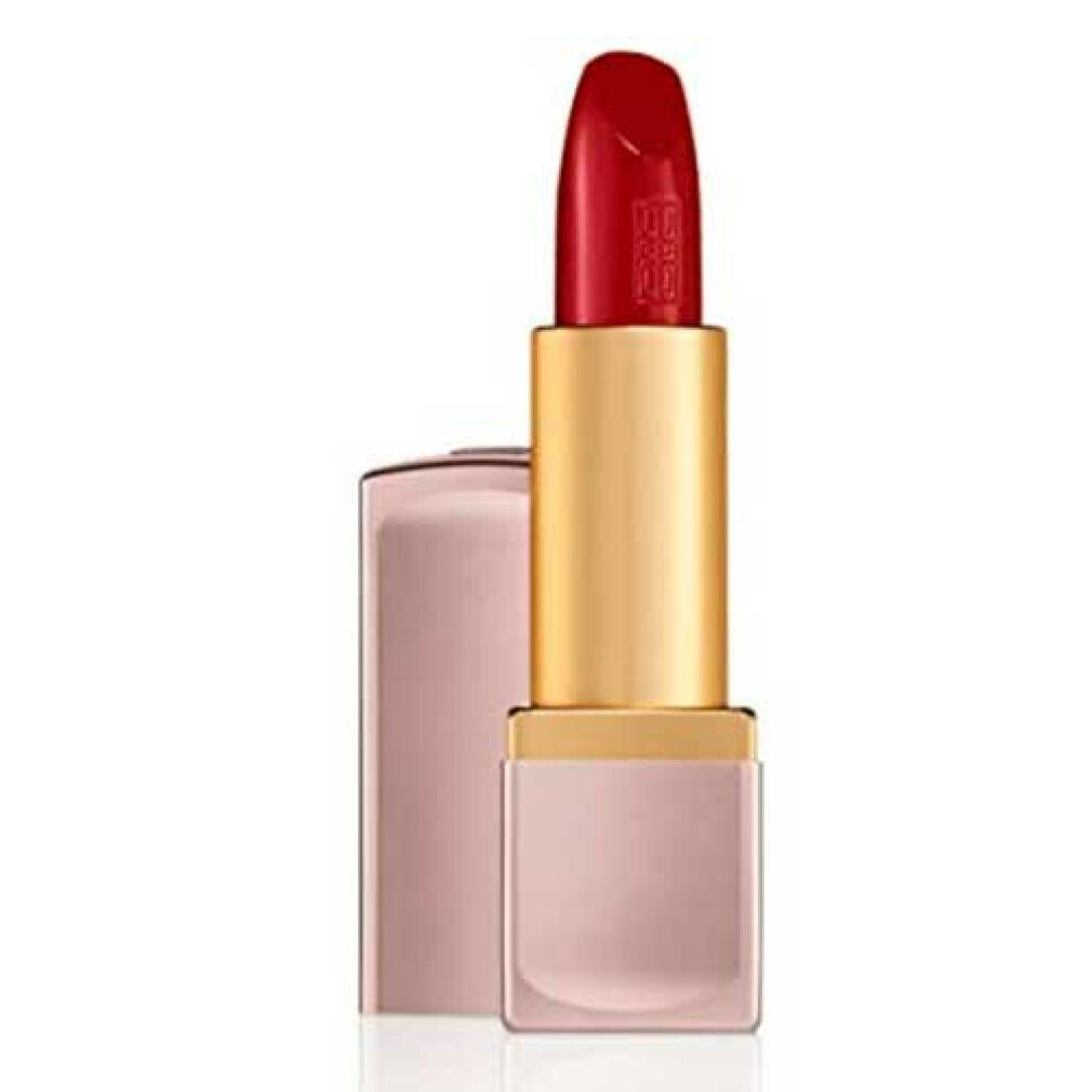 Rossetto rosso. Corpo dorato, astuccio rosa. Nome del prodotto non visibile.