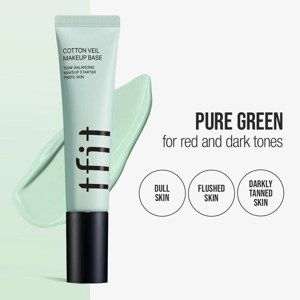 Tubo verde TFIT Cotton Veil Makeup Base. Testo: Pure Green per toni rossi e scuri. Cerchi: Dull Skin, Flushed Skin, Darkly Tanned Skin.