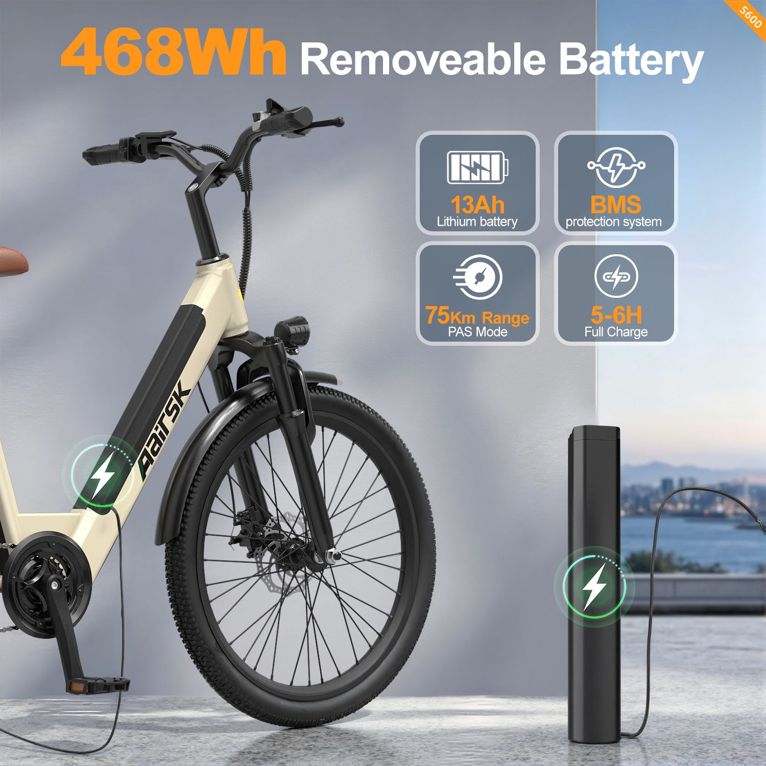 Bicicletta elettrica con batteria rimovibile. Scritte: batteria 468Wh, batteria al litio 13Ah, autonomia 75km, carica 5-6h.