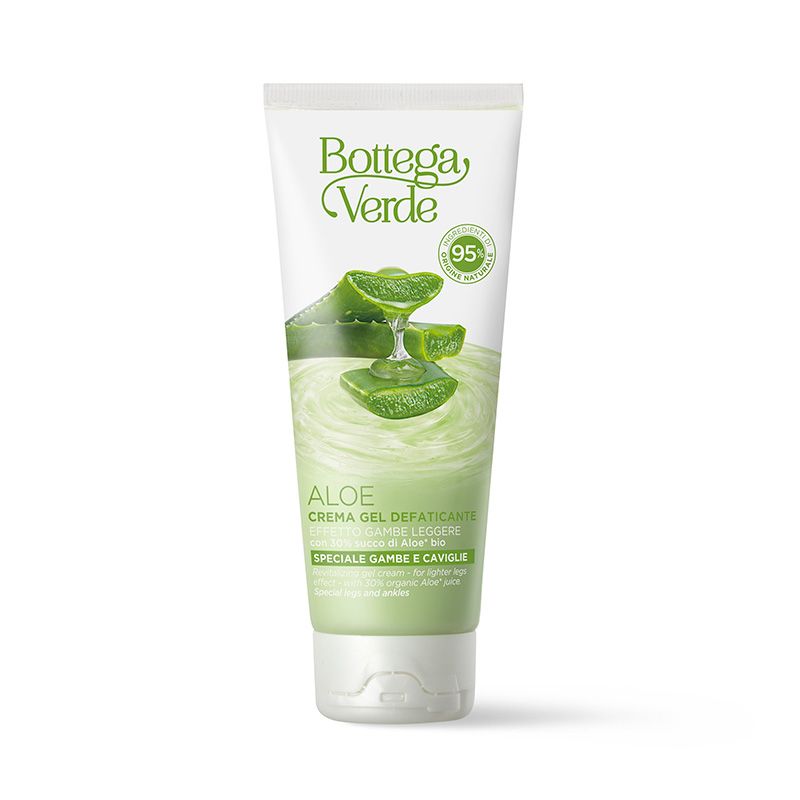 Tubo bianco-verde con gel all'aloe vera. Scritta Bottega Verde e Aloe. 95% ingredienti naturali.