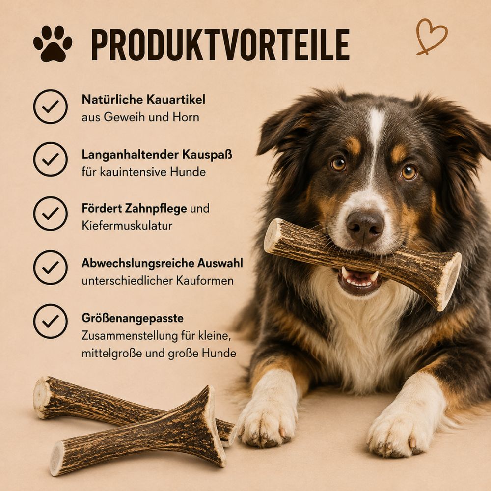Vantaggi degli articoli da masticare Wildfang: naturale, divertimento duraturo, favorisce la cura dei denti, selezione varia, adattato alle dimensioni.