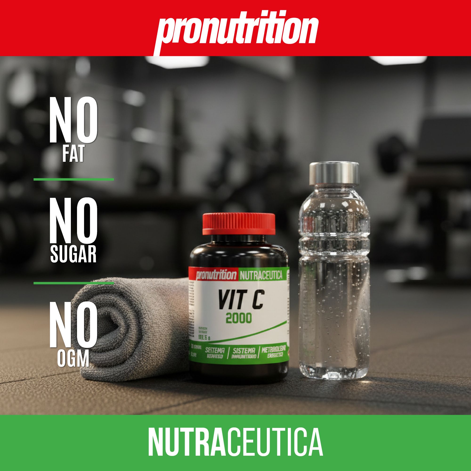 Flacone marrone con tappo rosso. Scritta: Vit C 2000. Accanto, asciugamano, bottiglia d'acqua. Testo: NO FAT, NO SUGAR, NO OGM.