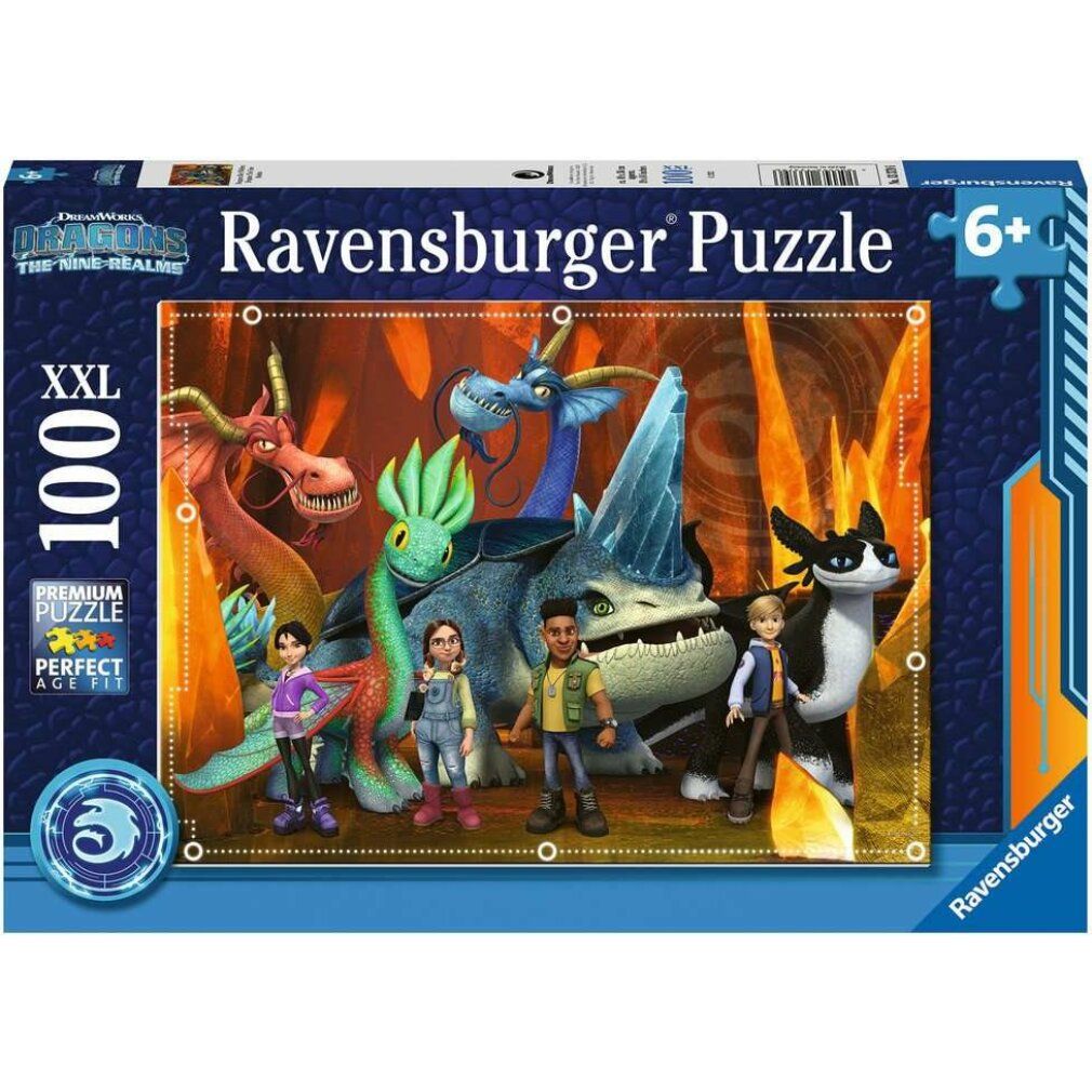 Scatola puzzle Ravensburger. Immagine di draghi e personaggi. Testo: Dragons The Nine Realms, 100 XXL, 6+.