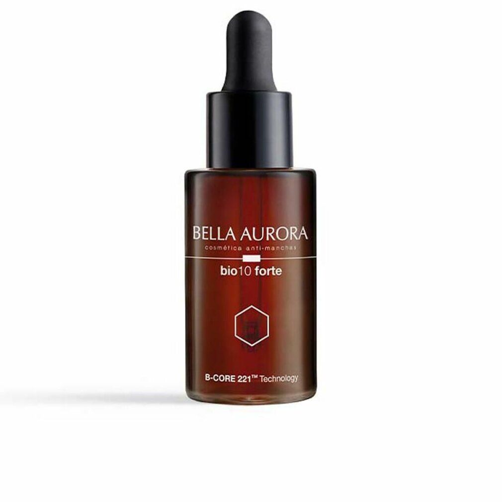 Flacone di vetro marrone con contagocce nero. Scritta: Bella Aurora, bio10 forte, B-CORE 221 Technology.