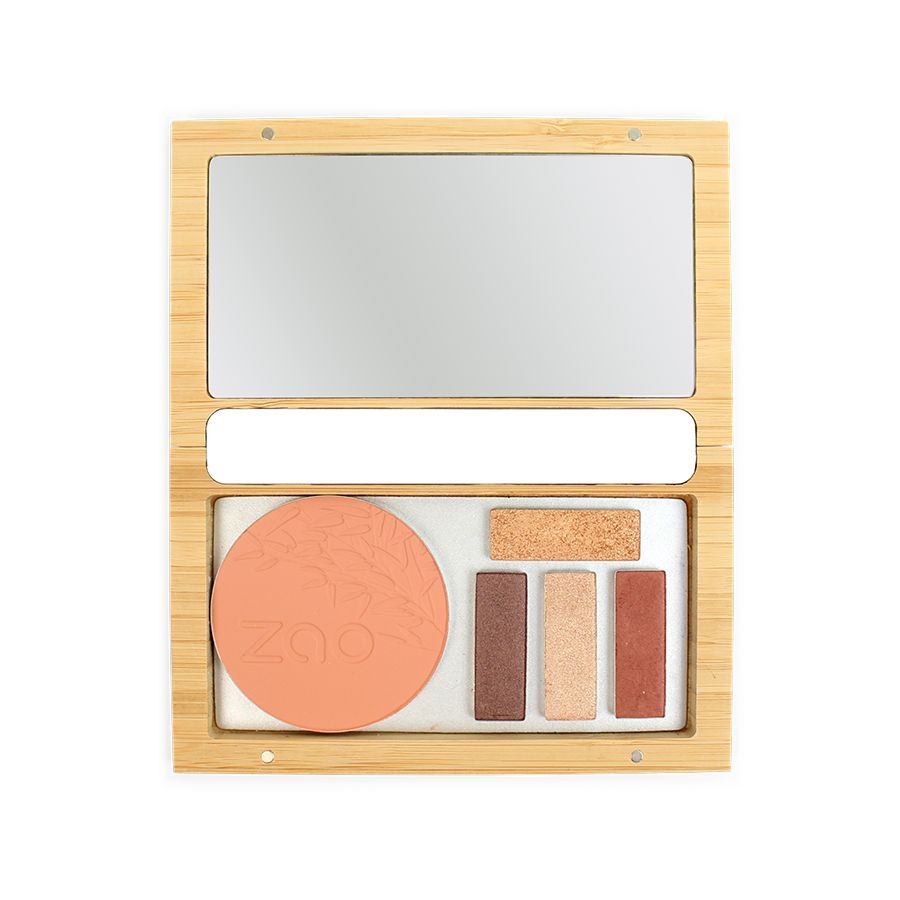 Scatola in bambù aperta con specchio, cipria e ombretti. Diverse tonalità. Colore legno naturale.