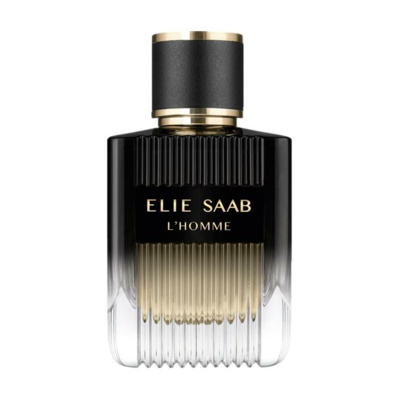Flacone nero con tappo dorato. Scritta: ELIE SAAB L'HOMME. Corpo chiaro e rettangolare.