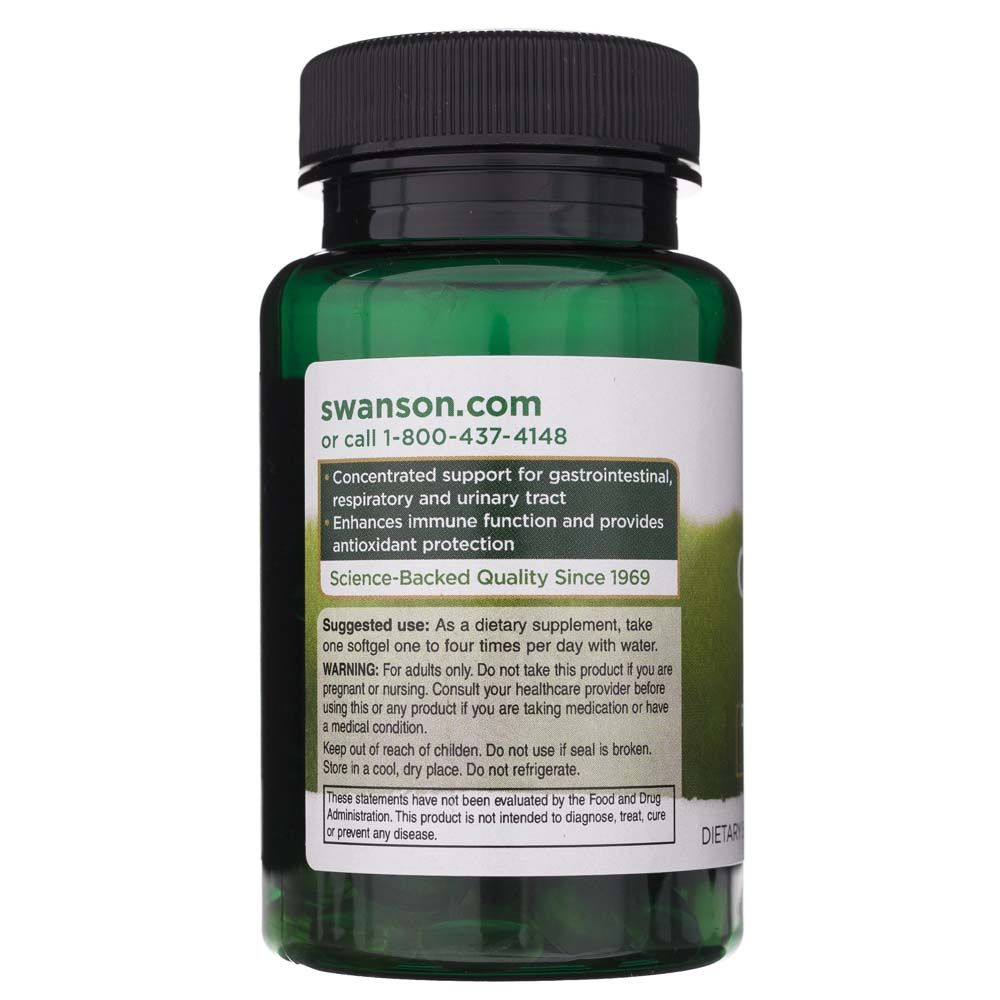 Retro del flacone di olio di origano Swanson con istruzioni per l'uso e avvertenze.