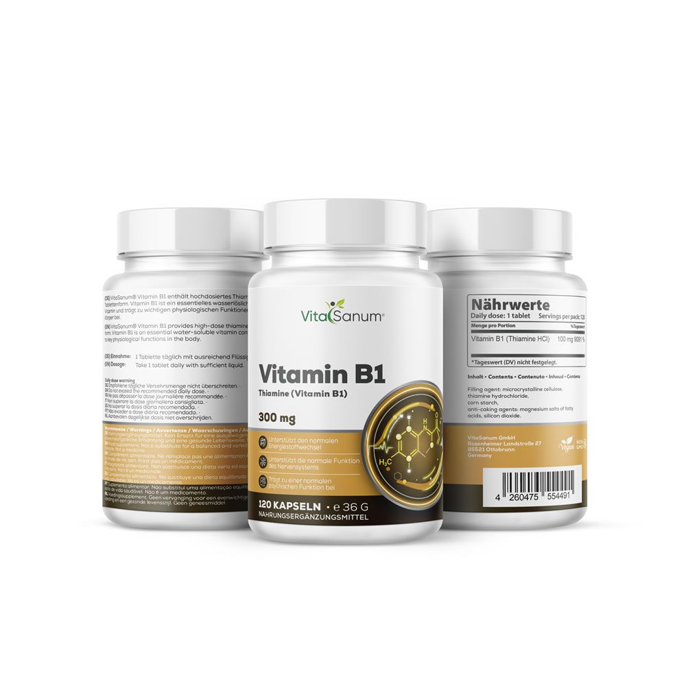 Tre flaconi bianchi con tappi. Scritta: VitaSanum Vitamina B1, 300 mg, 120 capsule. Elemento di design dorato. Testo sul retro.