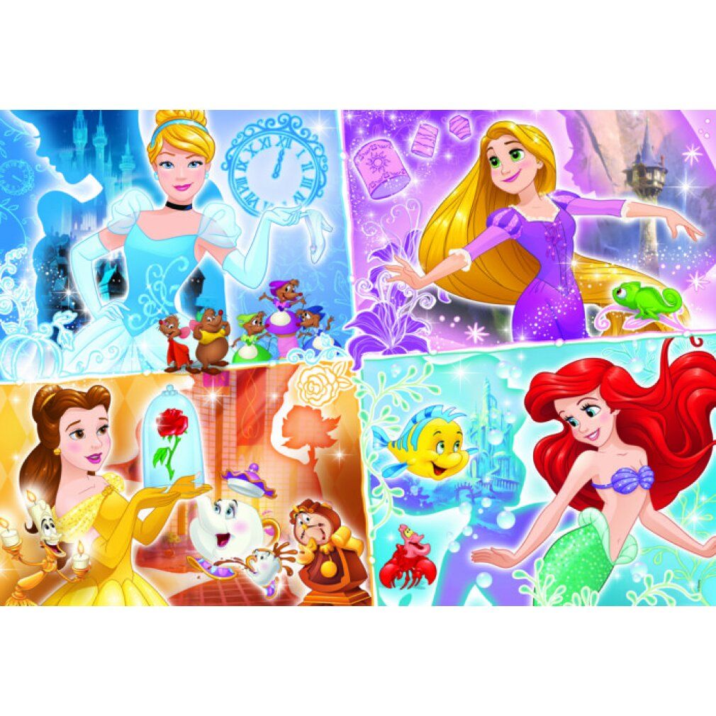 Quattro motivi di puzzle con personaggi Disney Princess. Cenerentola, Rapunzel, Belle e Ariel. 180 pezzi. Puzzle Clementoni.