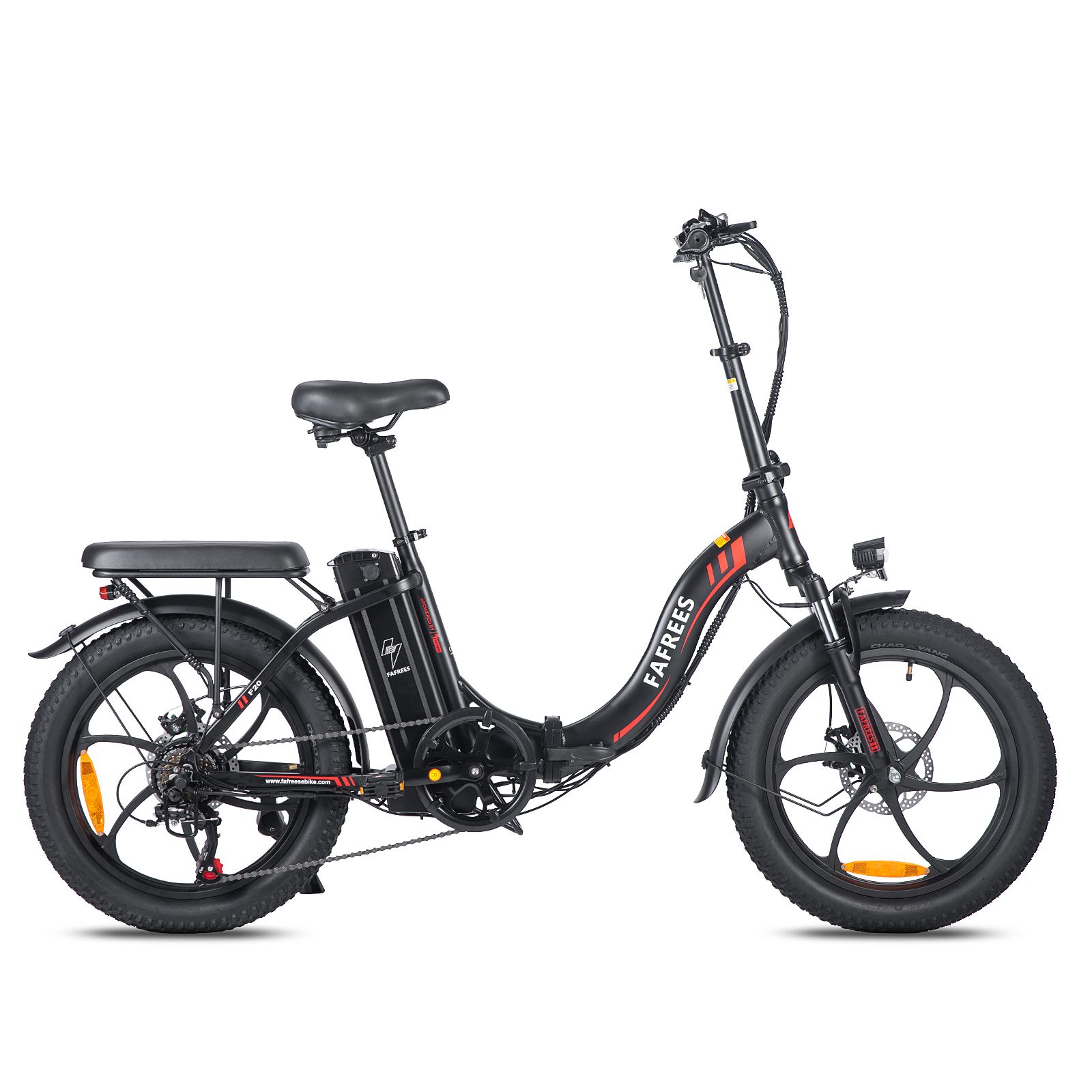 E-bike pieghevole FAFREES F20 nera. Visibili: sella, portapacchi, parafanghi, freni a disco, batteria. Dettagli rossi sul telaio.