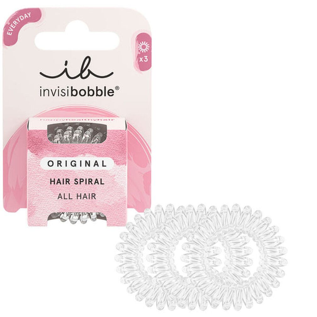 Tre elastici trasparenti per capelli accanto a una confezione. Sulla confezione si legge "invisibobble® ORIGINAL HAIR SPIRAL ALL HAIR".