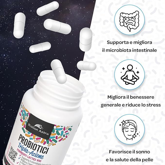 Capsule bianche e flacone. Scritta: Italian Astra, PROBIOTICI Tripla-Azione. Illustrazioni: intestino, relax, pelle.