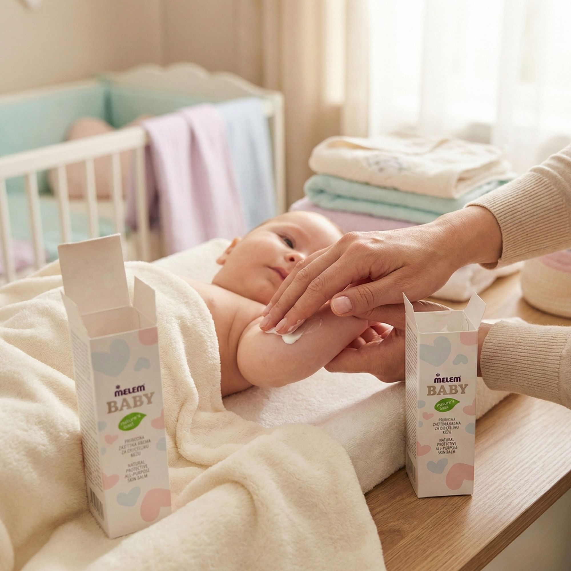 Due confezioni "Melem Baby" vicino a un bambino. Testo: "Natural Protective All-Purpose Skin Balm". Persona applica la crema.
