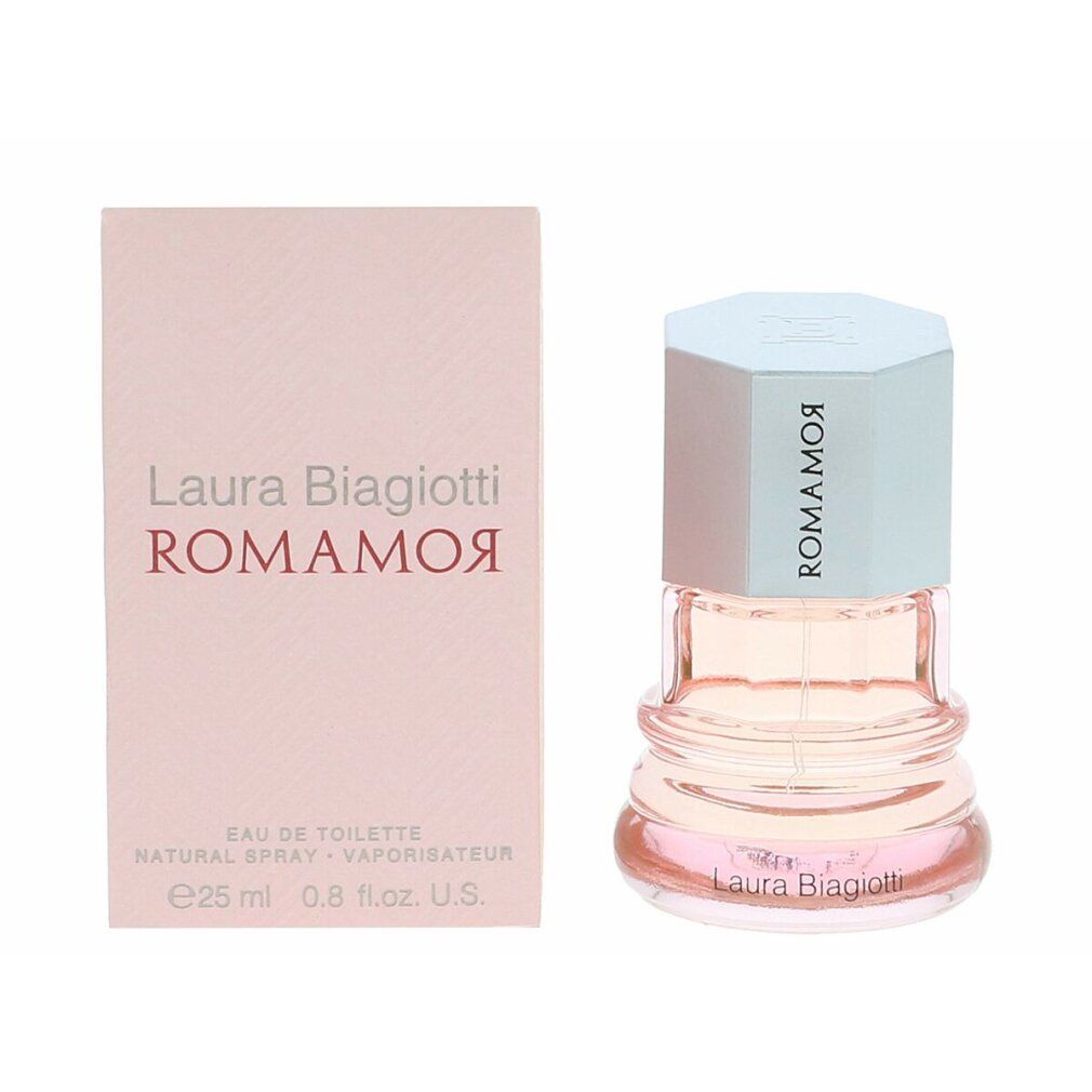 Flacone di profumo e confezione. Scritta Laura Biagiotti ROMAMOR. Flacone rosa.