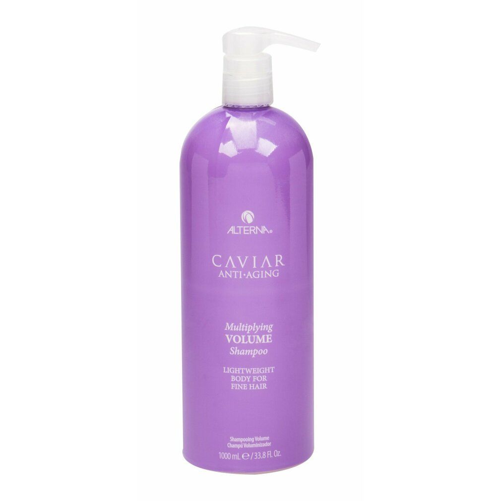 Flacone di shampoo viola con dosatore. Scritta: Alterna Caviar Anti-Aging, Multiplying Volume Shampoo, per capelli fini.