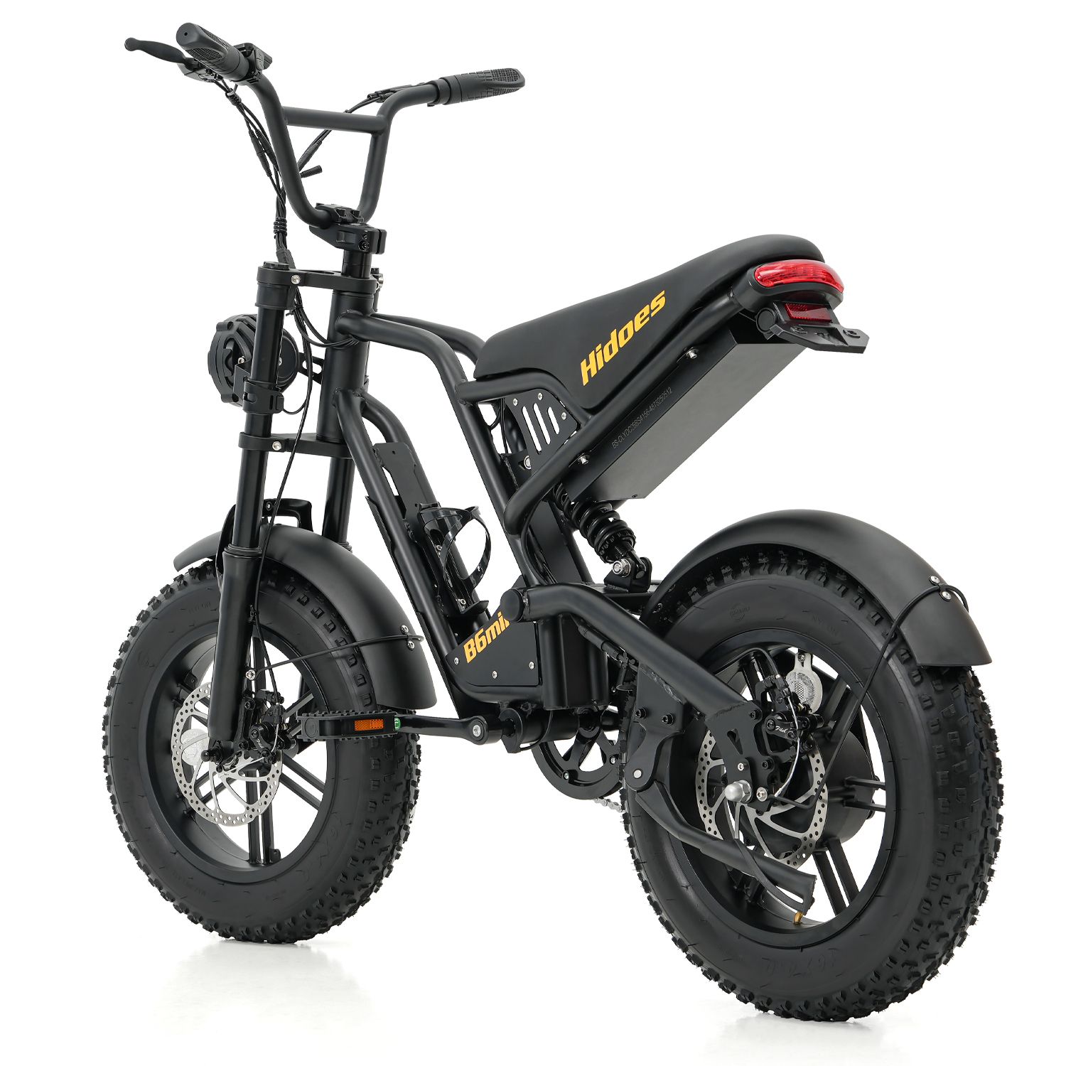 E-bike da montagna nero Hidoes HD-B6mini. Vista posteriore. Visibili: sella, fanale posteriore, parafanghi, pneumatici, dischi freno, catena, pedali, manubrio, faro.