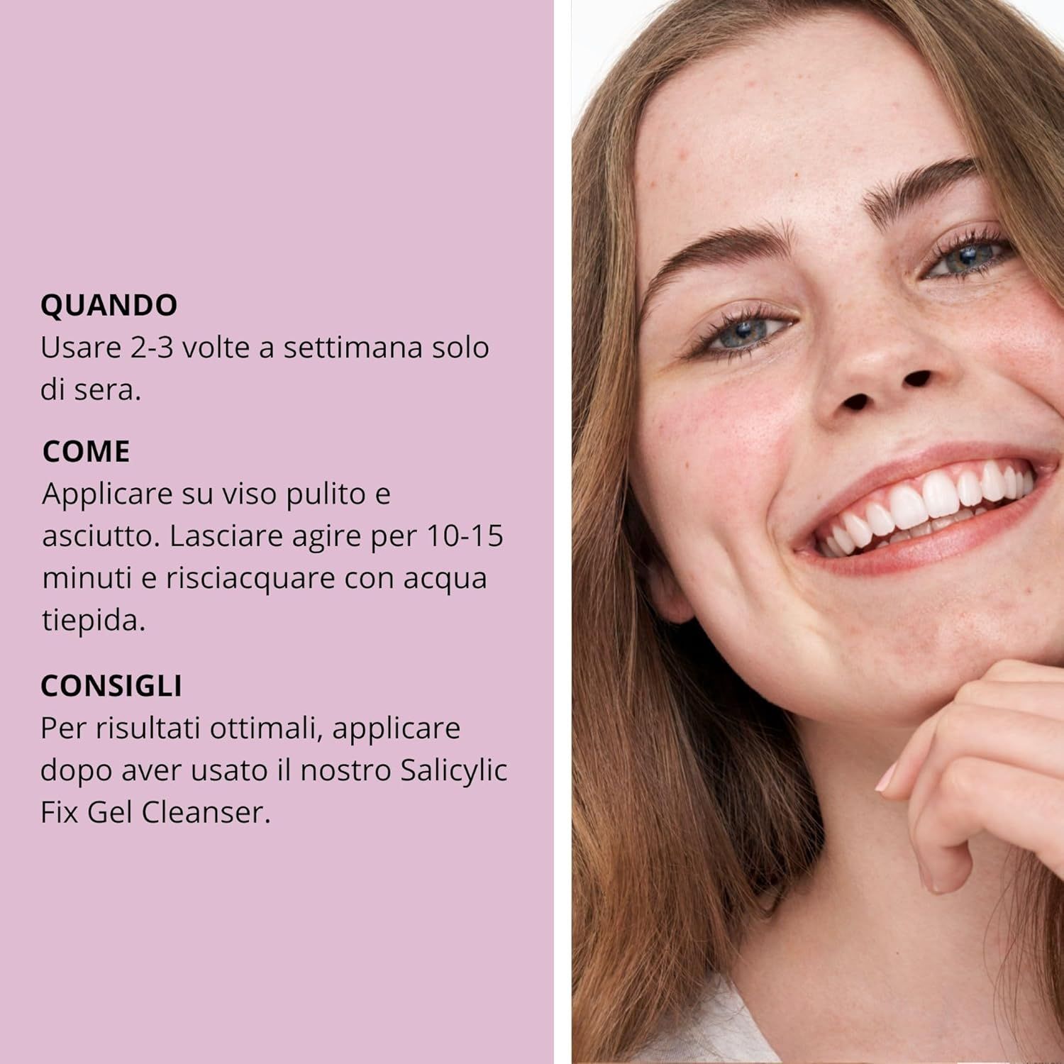 Donna con Nip + Fab Salicylic Fix Clay Mask. Testo su utilizzo e consigli della maschera.