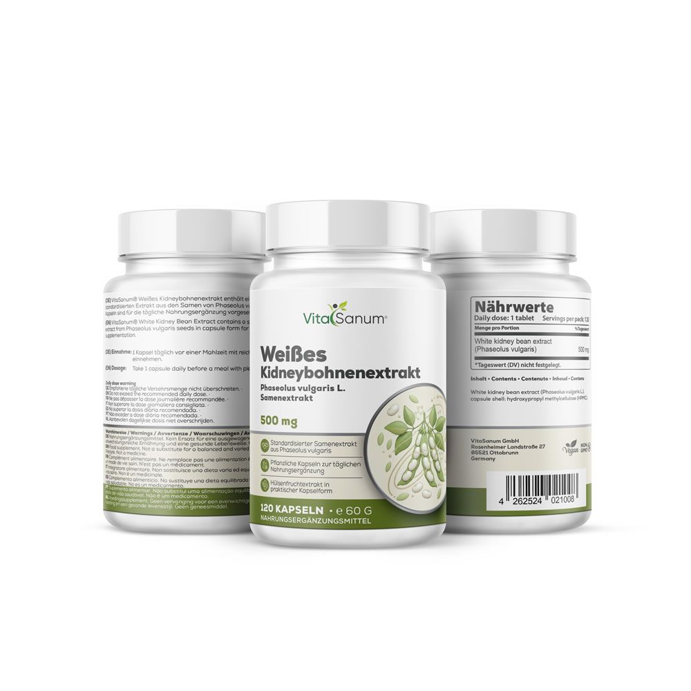 Tre flaconi di VitaSanum Estratto di fagiolo bianco, 500 mg, 120 capsule.