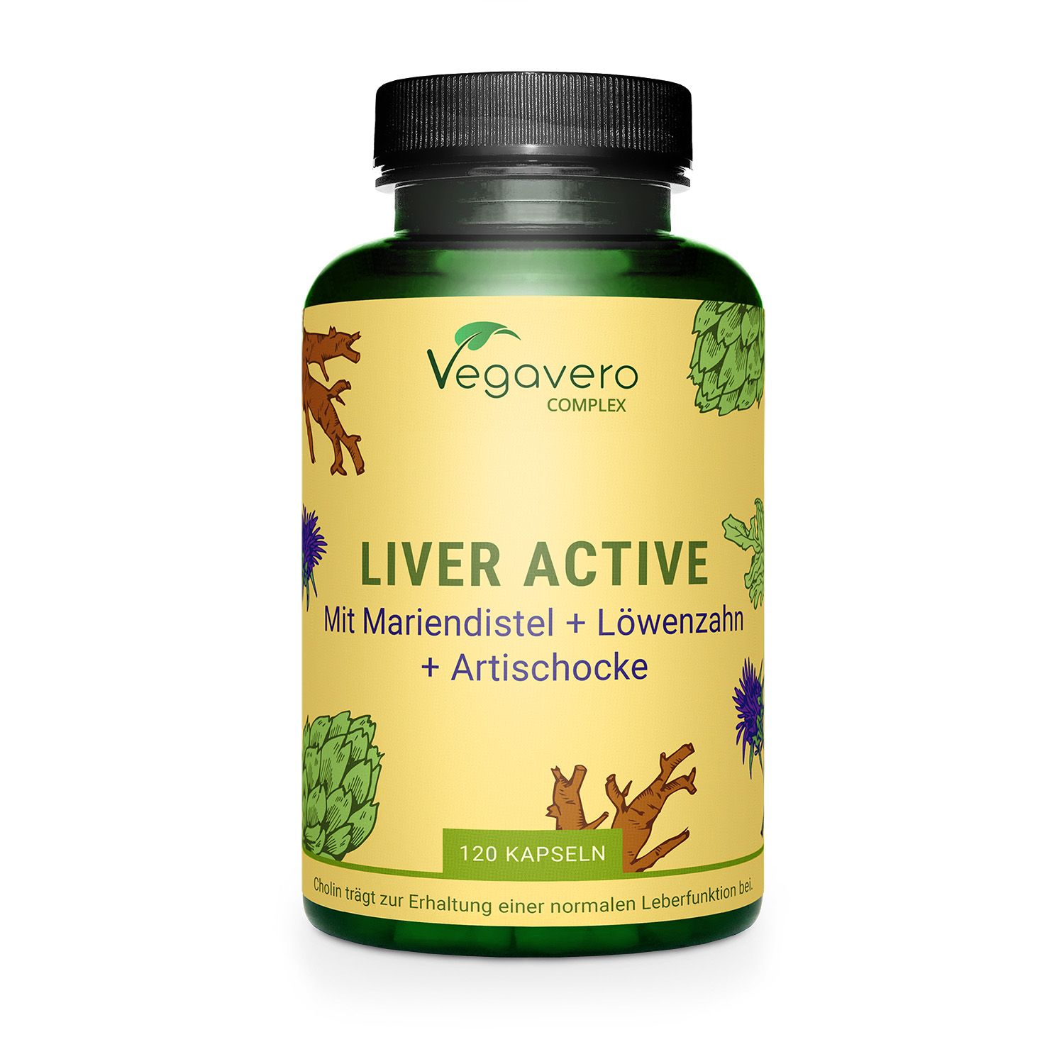 Flacone verde, tappo nero. Scritta: Liver Active. Con cardo mariano, tarassaco, carciofo. 120 capsule.