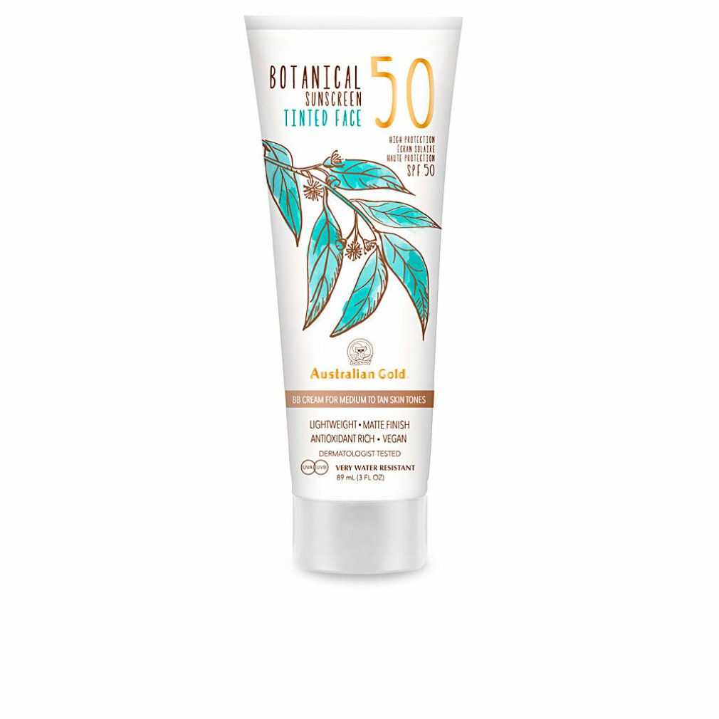 Tubo di crema solare colorata "Botanical Sunscreen Tinted Face 50". Illustrazione di foglie e "Australian Gold". SPF 50.
