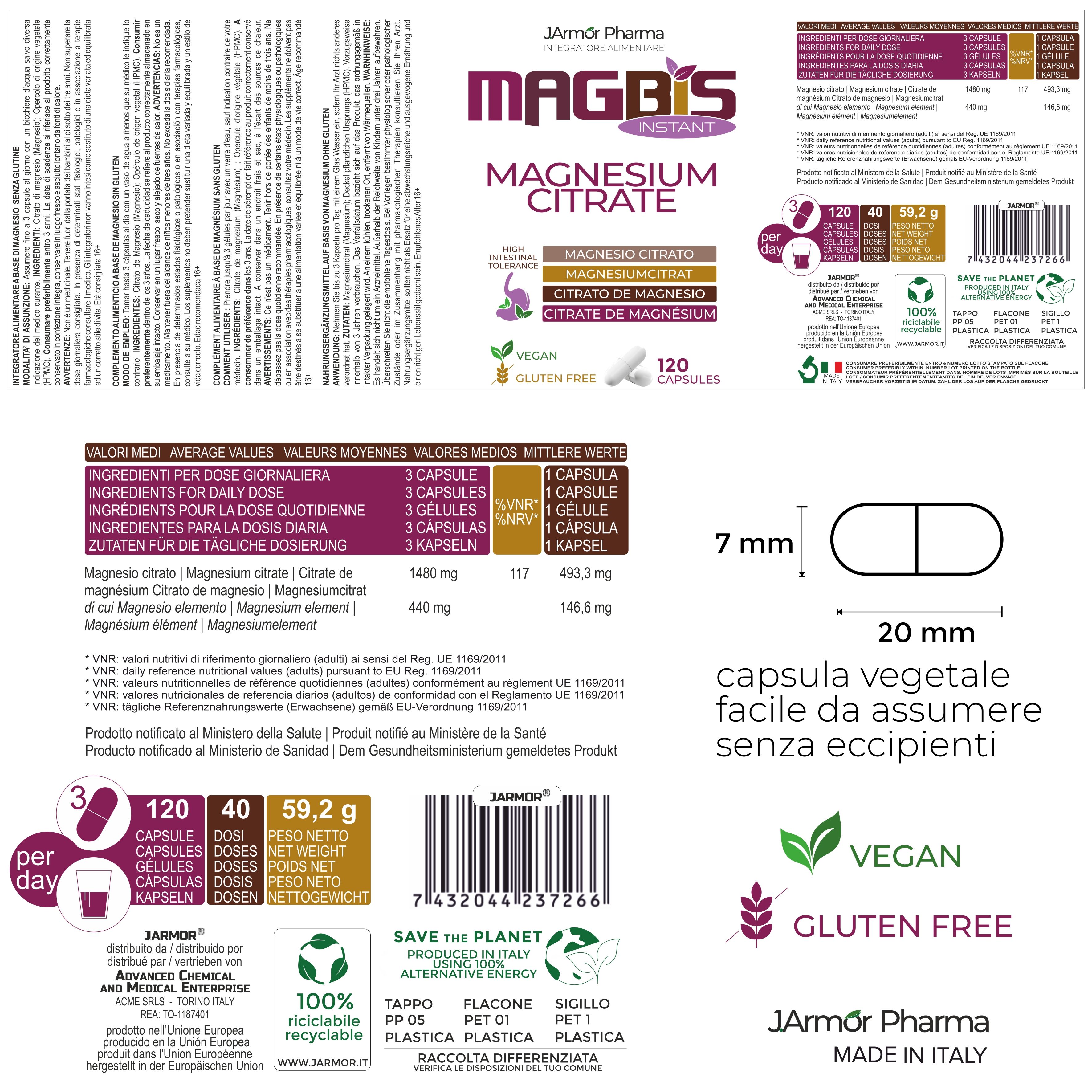 Etichetta del prodotto con informazioni. Contiene: informazioni nutrizionali, ingredienti, dimensioni della capsula (20x7mm).