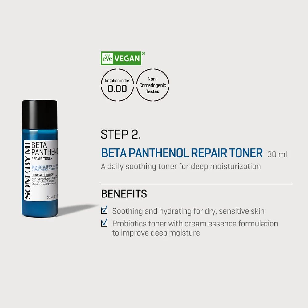 Flacone blu con tappo nero. Scritta: Beta Panthenol Repair Toner. Sigillo vegano.