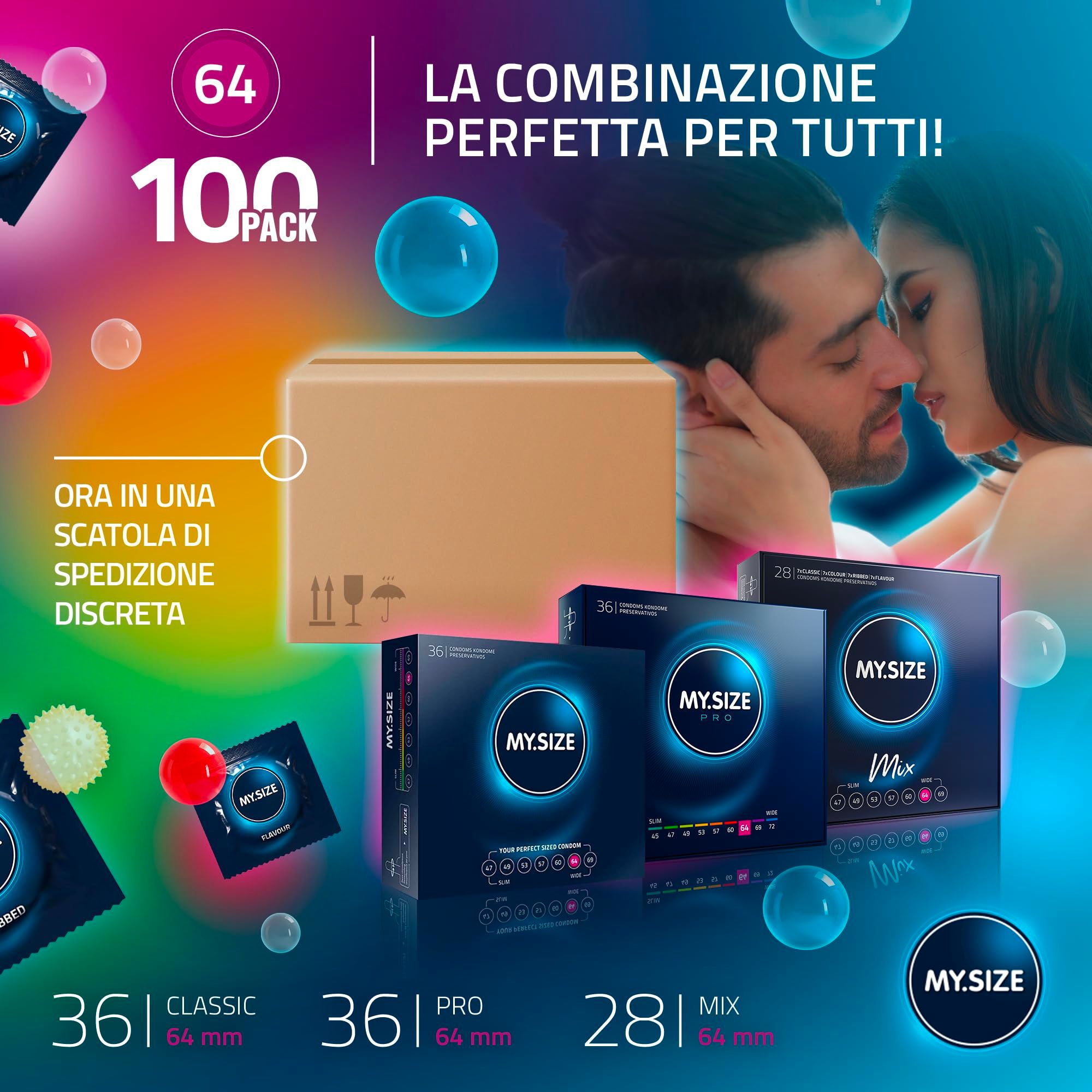 Confezione da 64 preservativi, pack da 100. Scatola di spedizione discreta. Misure varie: 36 I Classic 64mm, 36 I Pro 64mm, 28 I Mix 64mm.