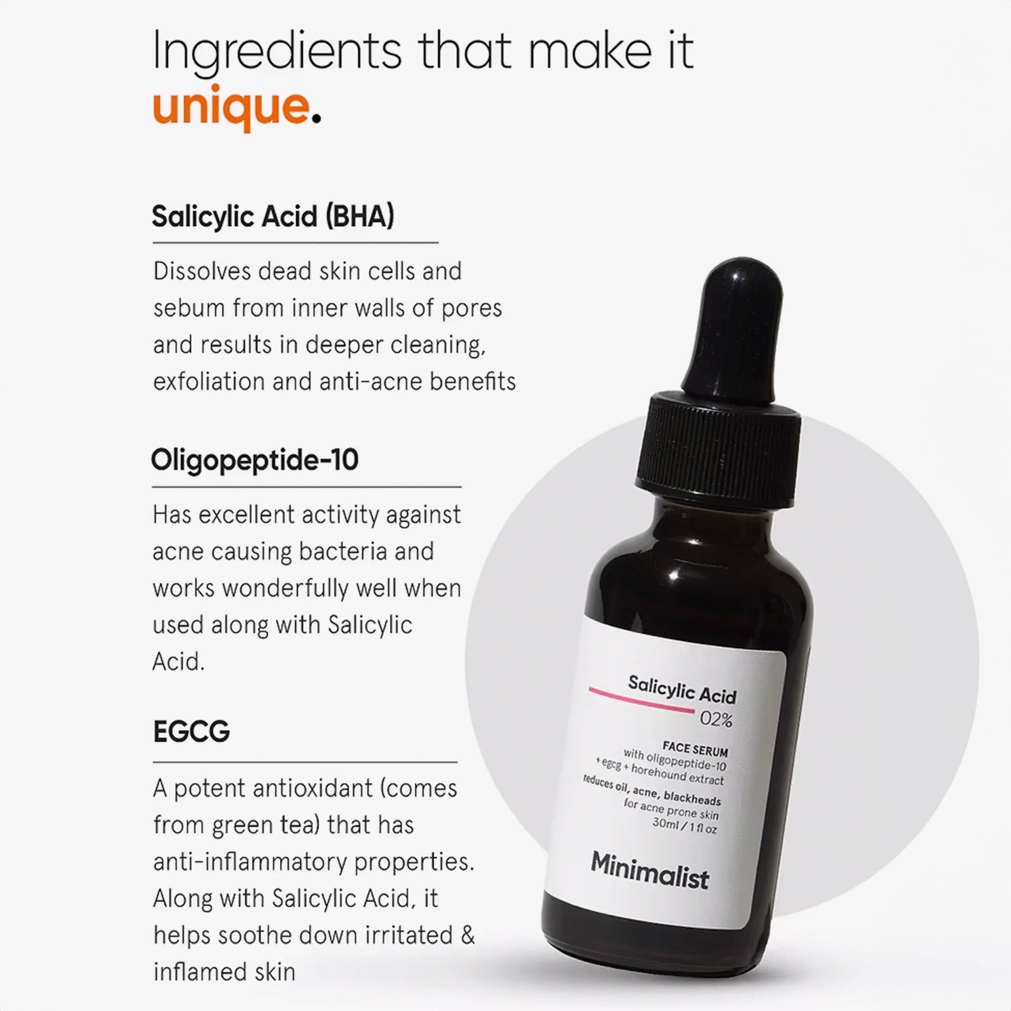 Flacone del prodotto con testo: Salicylic Acid 02%. Infografica con testi: Ingredienti, Acido salicilico, Oligopeptide-10, EGCG.