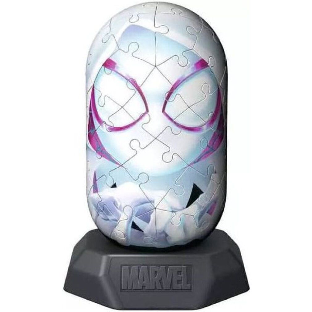 Puzzle 3D Ghost Spider bianco e viola. Base grigia con logo Marvel. Pezzi del puzzle visibili.