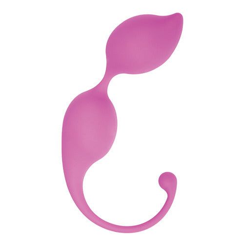 Prodotto benessere rosa a forma di goccia. Ha due parti più grandi e una più piccola, arrotondate, collegate da un collo stretto.