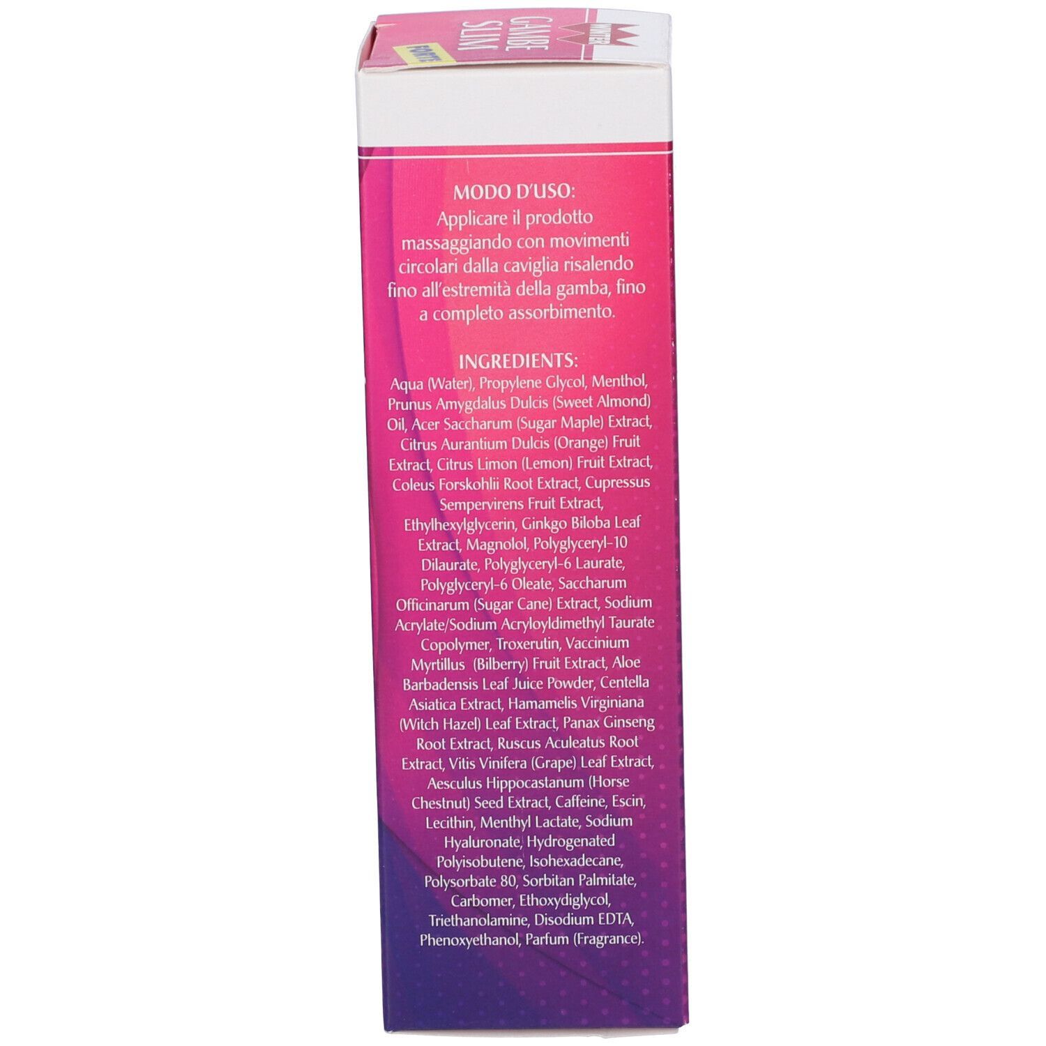 Lato della confezione Winter Gambe Slim Forte. Testo in italiano. Contiene informazioni sull'uso e sugli ingredienti.