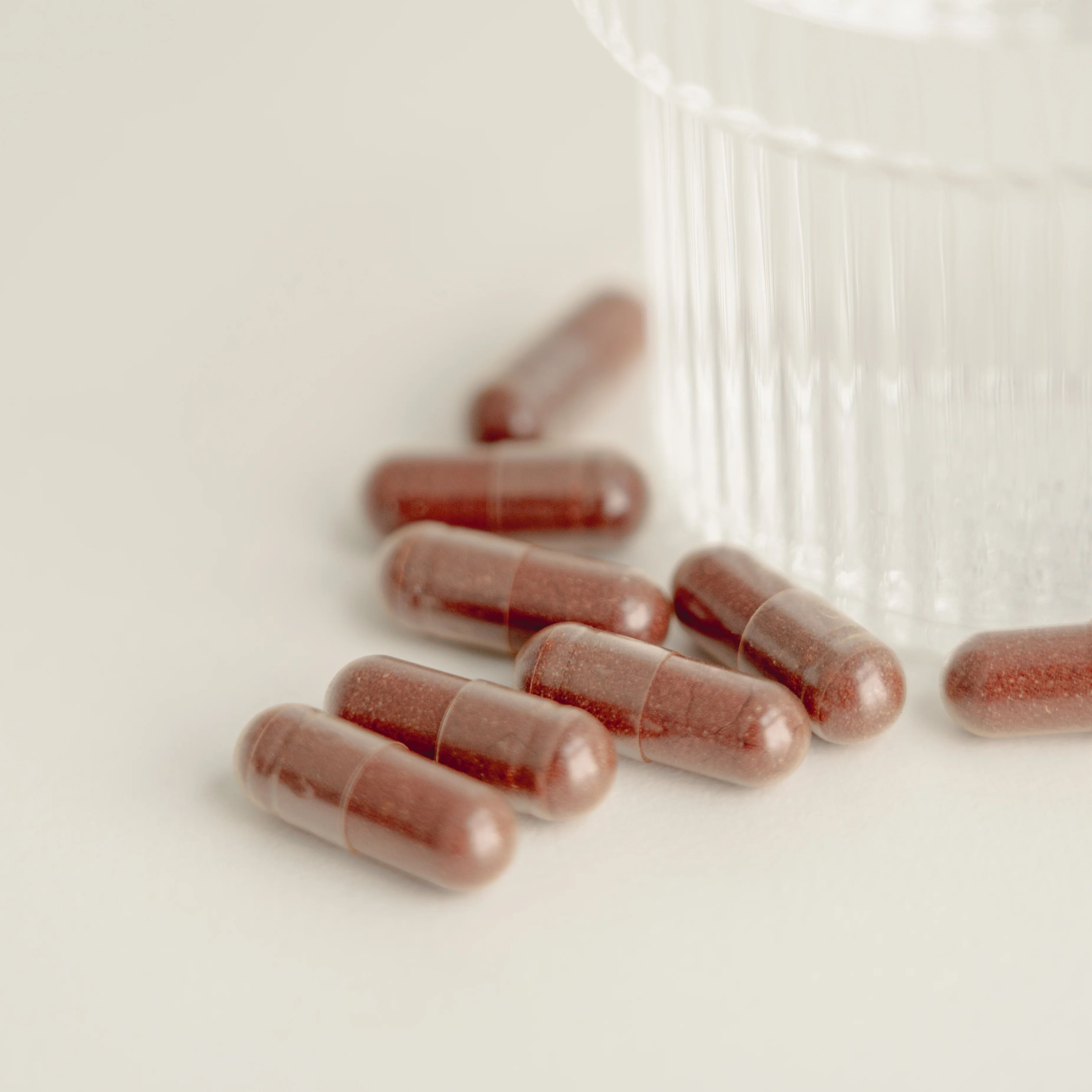 Capsule marroni accanto a un bicchiere. Le capsule sono allungate e hanno una superficie liscia.