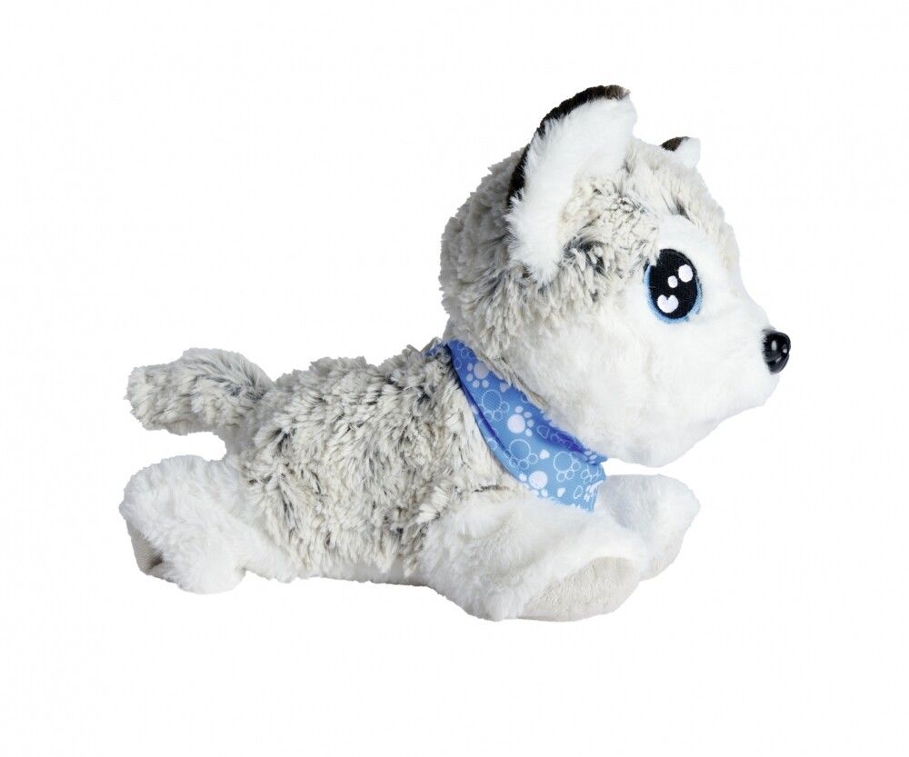 Cane di peluche, collare blu. Pelliccia bianca e grigia, occhi blu. Posizione laterale, in corsa.