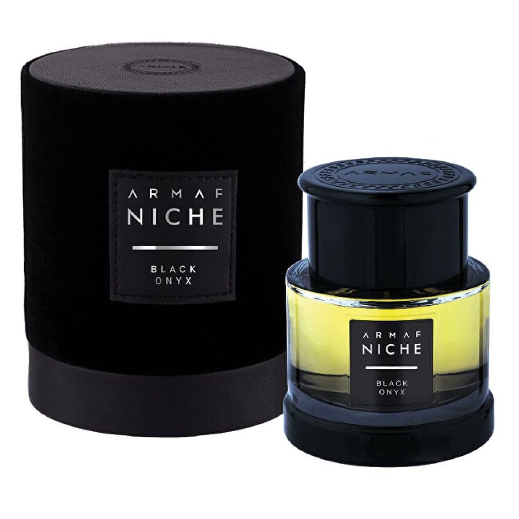Flacone e confezione neri Armaf Niche Black Onyx. Flacone con tappo nero e liquido giallastro. Confezione nera.