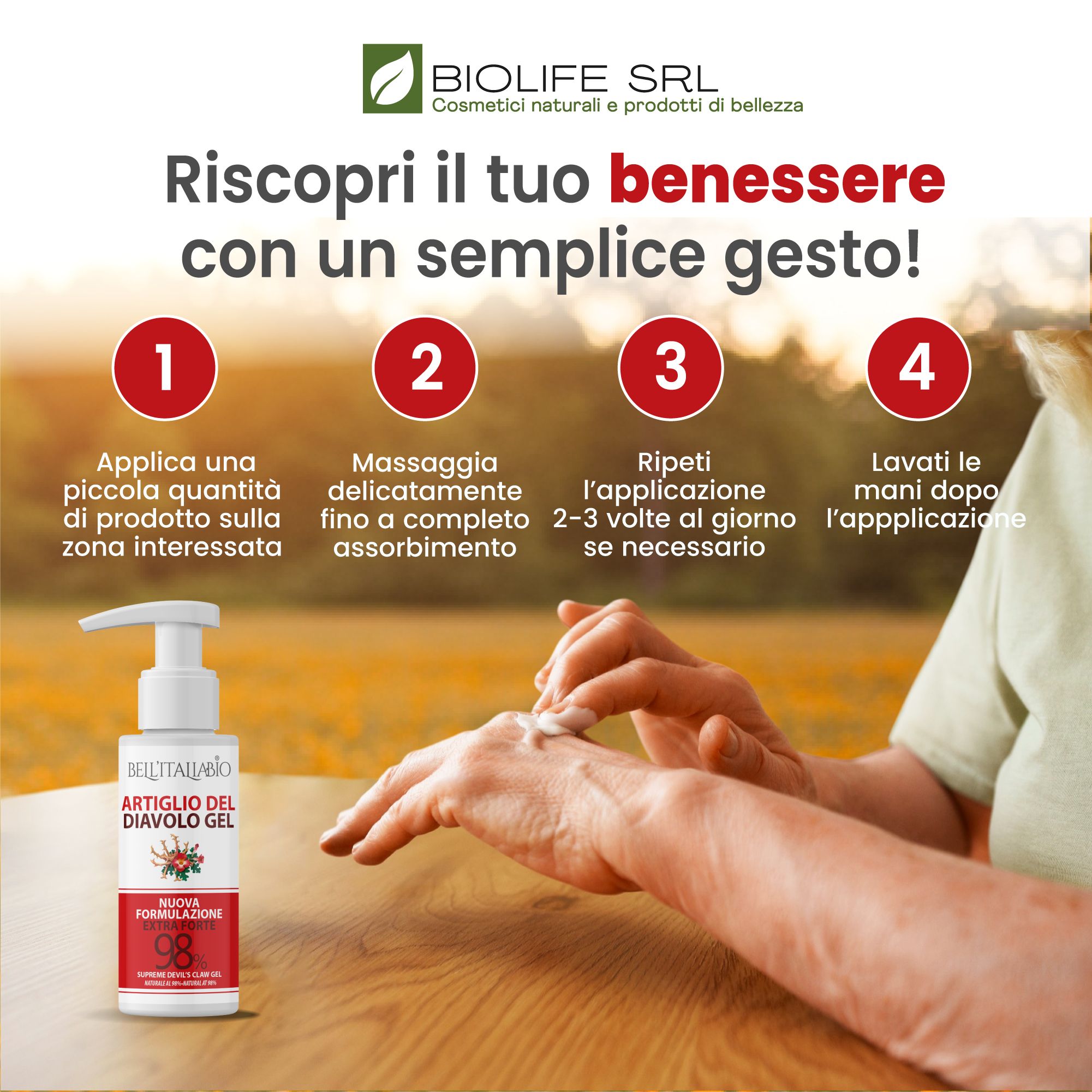 Persona applica il gel sulla mano. Testo: BellItaliabio Artiglio del Diavolo Gel. Passaggi: Applicare, massaggiare, ripetere, lavare le mani.