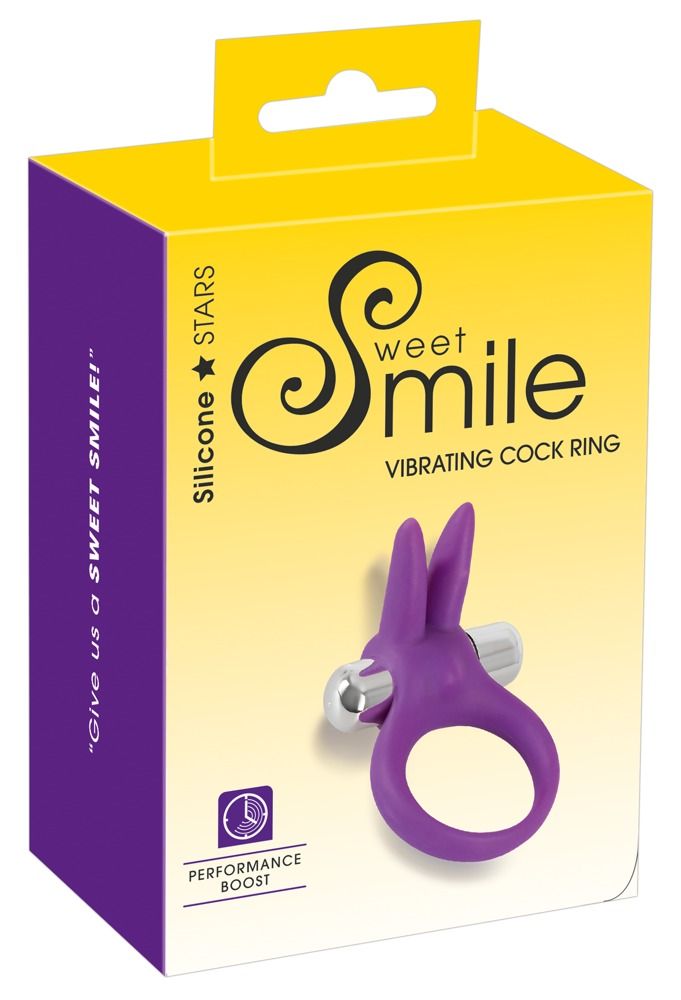 Confezione Sweet Smile. Anello vibrante viola con design a orecchie di coniglio. Testo: Silicone Stars, Vibrating Cock Ring.