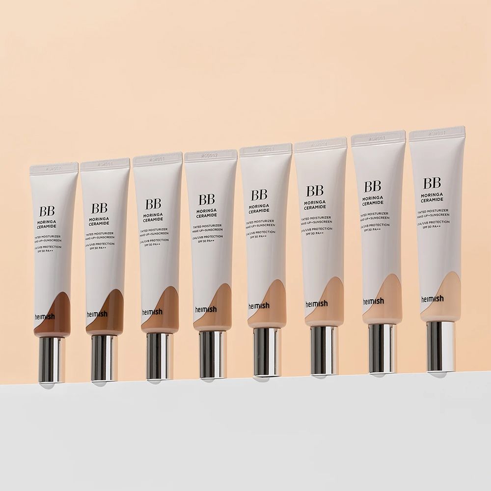 Serie di tubetti di BB Moringa Ceramide BB Cream in varie tonalità.