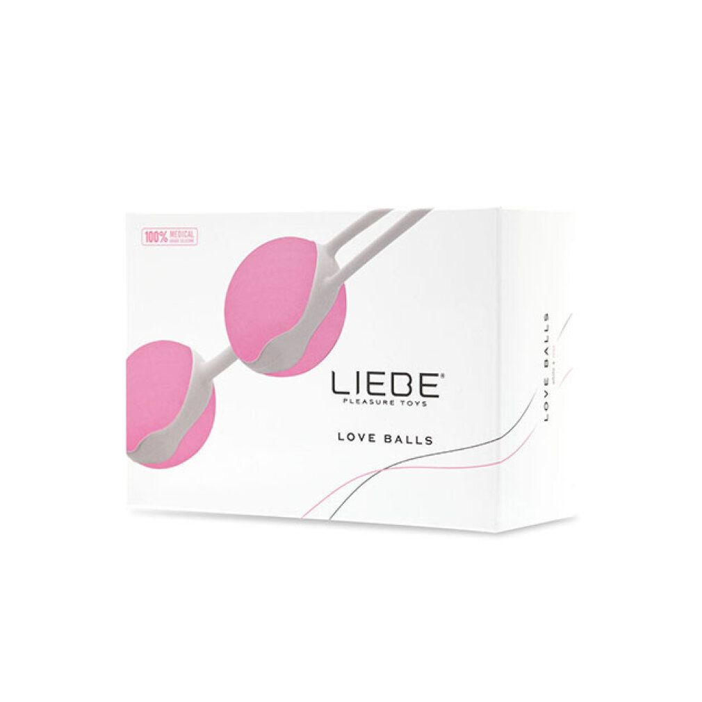 Confezione bianca con sfere rosa, marchio LIEBE, testo LOVE BALLS. Sigillo: 100% Medical.