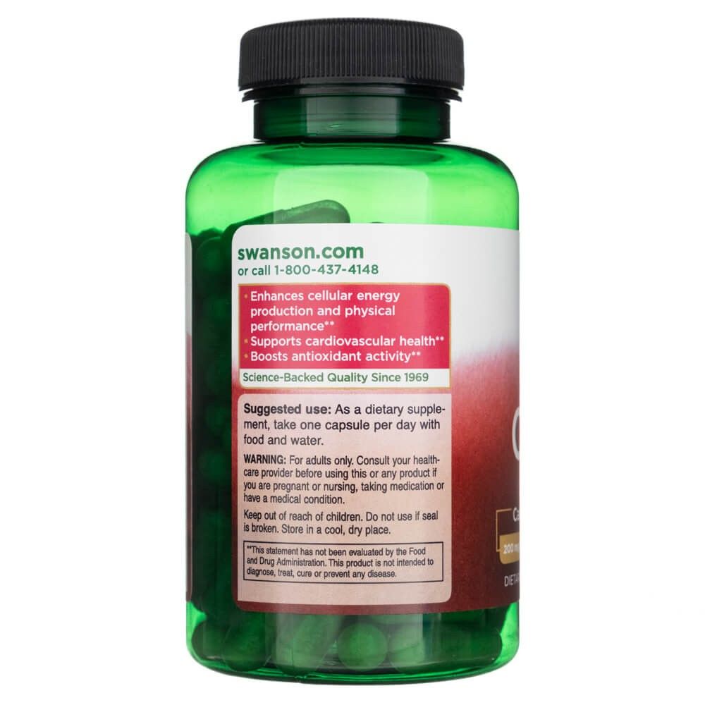 Flacone verde con etichetta che elenca CoQ10, Swanson.com, benefici e suggerimenti sul dosaggio.
